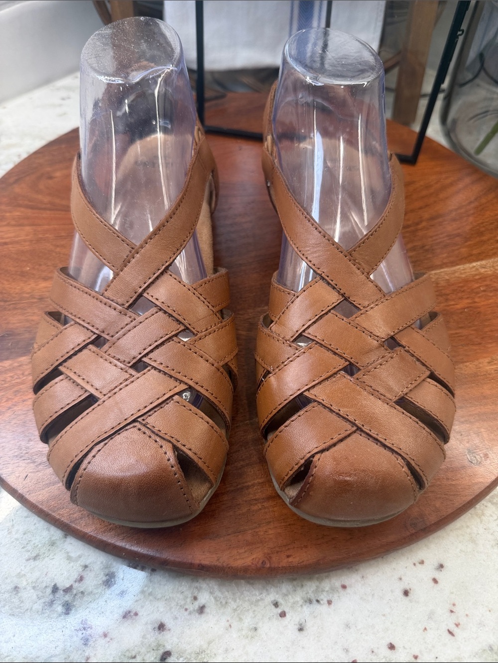 Earth Origins Women’s Tan Woven Leather Peep-Toe Flats